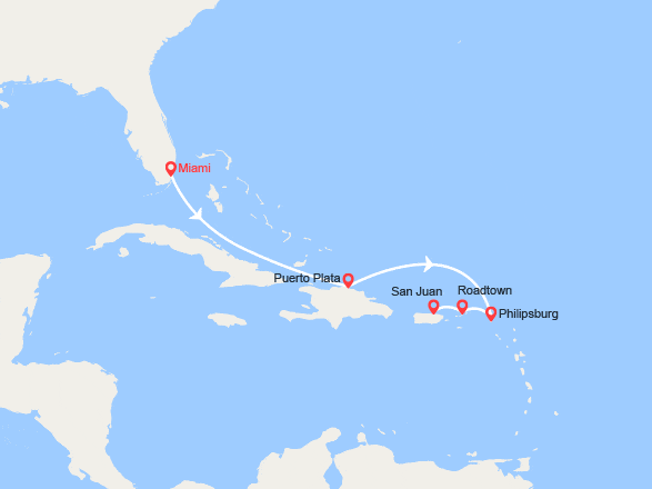 itinéraire croisière Caraïbes et Antilles : République Dominicaine, St Martin, Iles Vierges Britanniques, Porto Rico