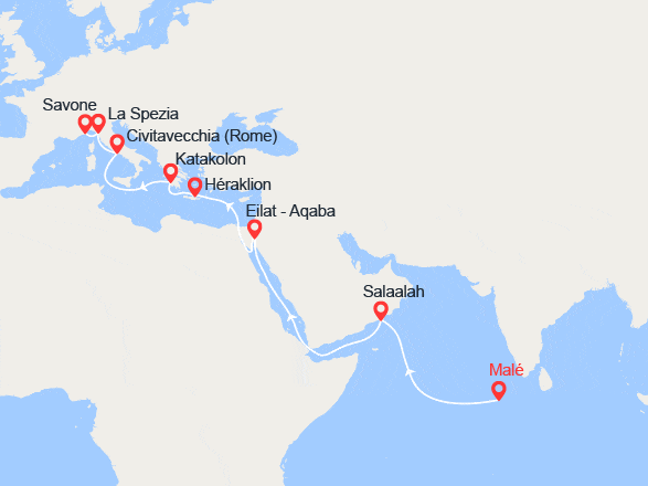 itinéraire croisière Méditerranée : Retour des Maldives : Malé, Oman, Israël, Jordanie, Crête, Grèce, Italie