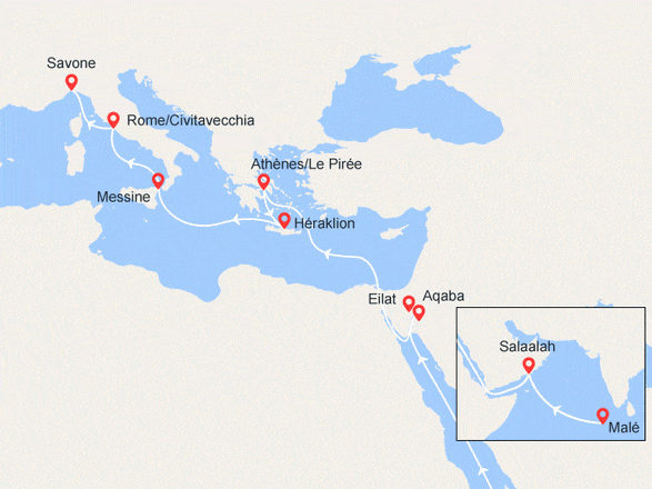itinéraire croisière Méditerranée : Retour des Maldives : Malé, Oman, Israël, Jordanie, Grèce, Crête, Italie