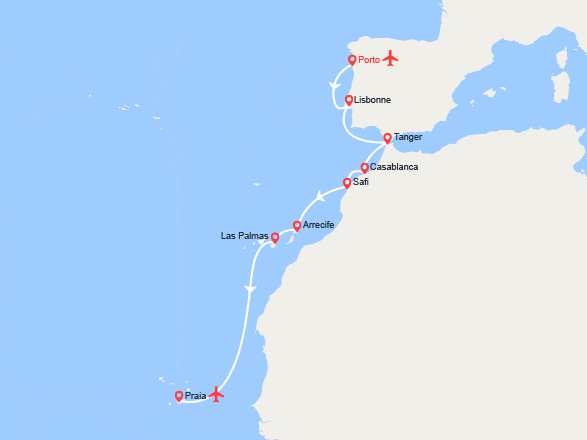 itinéraire croisière Méditerranée Occidentale : Rivages atlantiques, du Portugal au Cap-Vert