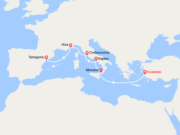 itin&eacute;raire croisi&egrave;re Méditerranée Orientale : Rivieras méditerranéennes : Turquie, Italie, France, Espagne 