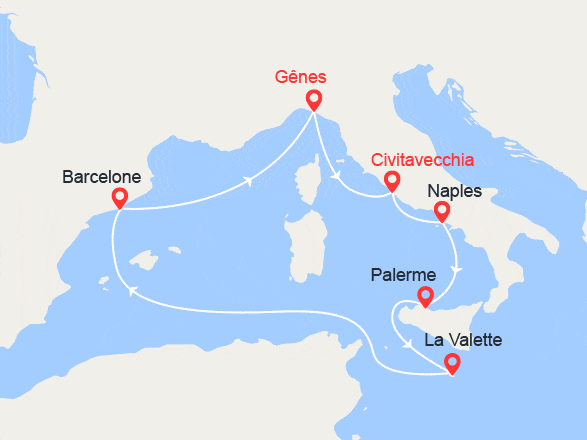 itinéraire croisière Méditerranée : Rome, Naples, Sicile, Malte, Barcelone