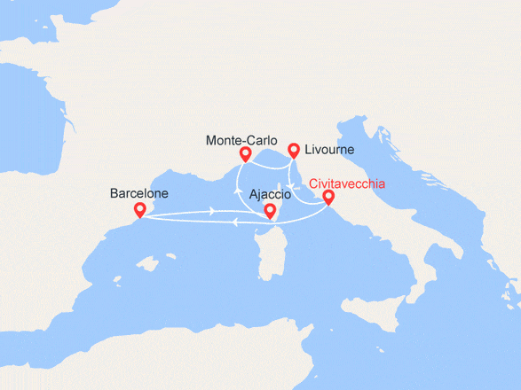 itinéraire croisière Méditerranée - Mer Noire : Rome/Rome : Barcelone, Corse, Monaco, Florence