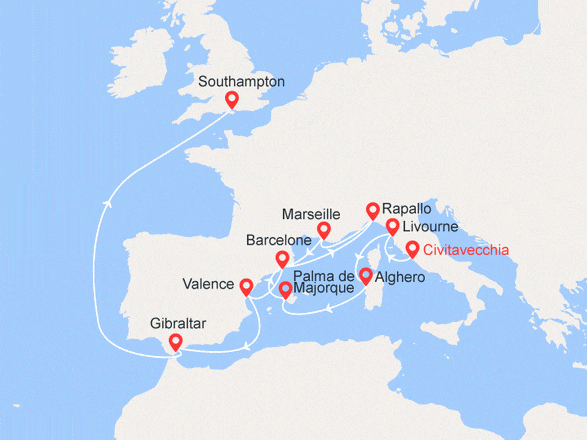 itinéraire croisière Iles Baléares - Iles Baléares : Rome/Southampton : Italie, Espagne, France, Gibraltar