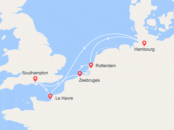 itinéraire croisière Europe du Nord : Rotterdam, Hambourg, Southampton, Bruges