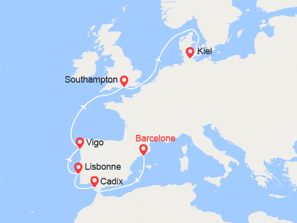 itinéraire croisière Méditerranée : Route vers le Nord : de Barcelone à Kiel