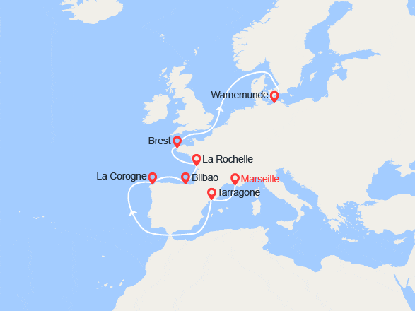 itin&eacute;raire croisi&egrave;re Méditerranée Occidentale : Route vers le nord : de Marseille à Warnemünde 