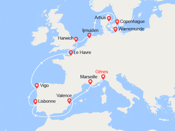 itinéraire croisière Europe du Nord : Route vers le Nord : Espagne, Portugal, France, Pays-Bas, Danemark, Allemagne