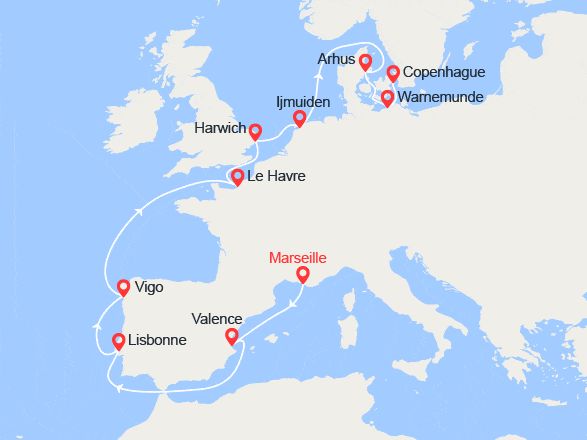 itinéraire croisière Europe du Nord : Route vers le Nord : Espagne, Portugal, Pays-Bas, Danemark, Allemagne