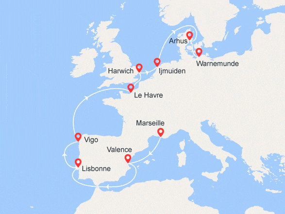 itinéraire croisière Europe du Nord : Route vers le Nord : France, Espagne, Portugal, Grande-Bretagne, Danemark, Allemagne