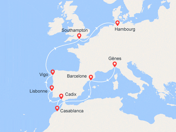 itinéraire croisière Méditerranée : Route vers le Nord : Italie, Espagne, Maroc, Lisbonne, Angleterre, Hambourg