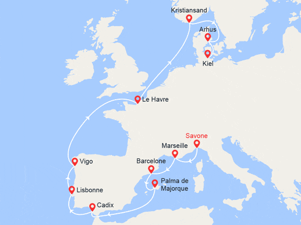 itinéraire croisière Méditerranée Orientale : Route vers le Nord: de Savone à Kiel