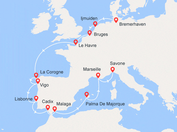 itinéraire croisière Méditerranée : Route vers le Sud : Allemagne, Belgique, France, Espagne, Portugal, Baléares, Italie