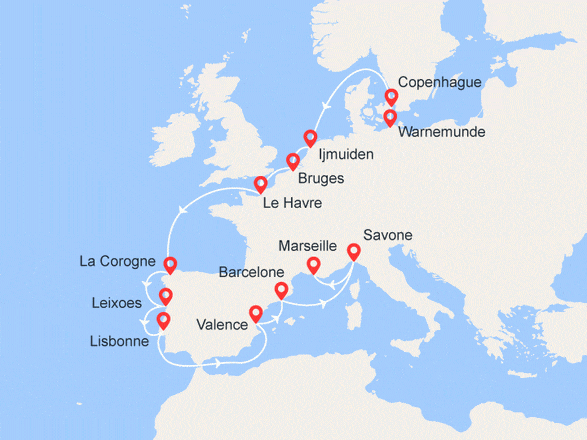 itinéraire croisière Méditerranée : Route vers le Sud : Allemagne, Danemark, Belgique, France, Espagne, Portugal, Italie