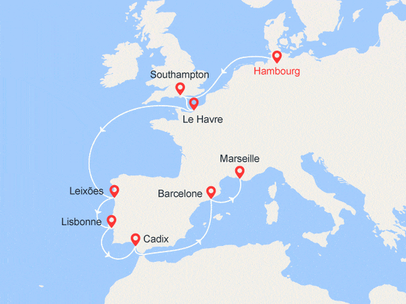 itinéraire croisière Méditerranée : Route vers le Sud : Angleterre, Portugal, Espagne, France