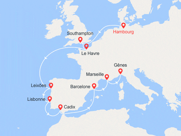 itinéraire croisière Méditerranée : Route vers le Sud : Angleterre, Portugal, Espagne, Italie...