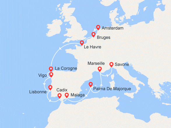 itinéraire croisière Méditerranée : Route vers le Sud : Belgique, France, Espagne, Portugal, Baléares, Italie