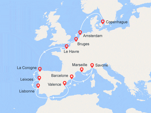 itinéraire croisière Méditerranée : Route vers le Sud : Danemark, Belgique, France, Espagne, Portugal, Italie