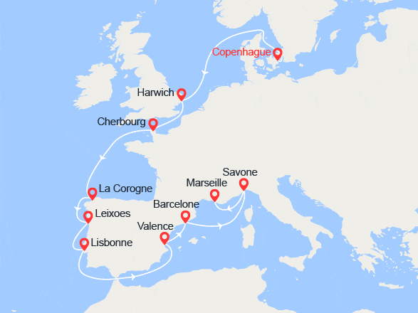 itinéraire croisière Méditerranée : Route vers le Sud : Danemark, Grande-Bretagne, France, Espagne, Portugal, Italie