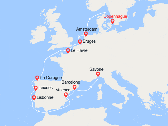 itinéraire croisière Méditerranée : Route vers le Sud : Danemark, Pays-Bas, Belgique, France, Espagne, Portugal, Italie