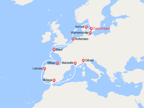 itin&eacute;raire croisi&egrave;re Europe du Nord : Route vers le Sud : de Copenhague à Gênes 