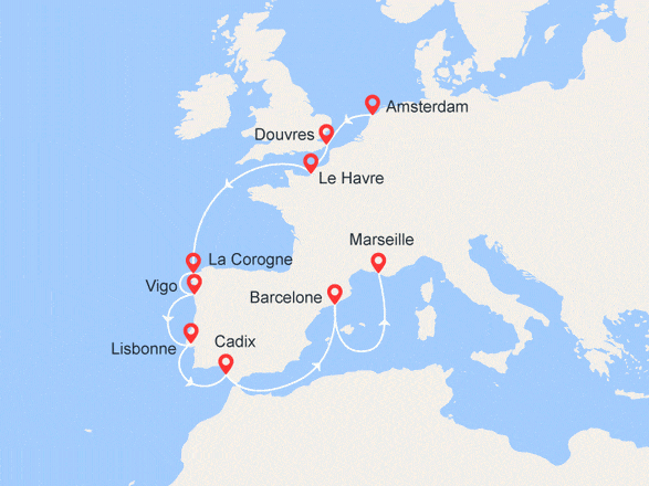 itinéraire croisière Méditerranée : Route vers le Sud : Pays-Bas, Grande-Bretagne, France, Espagne, Portugal