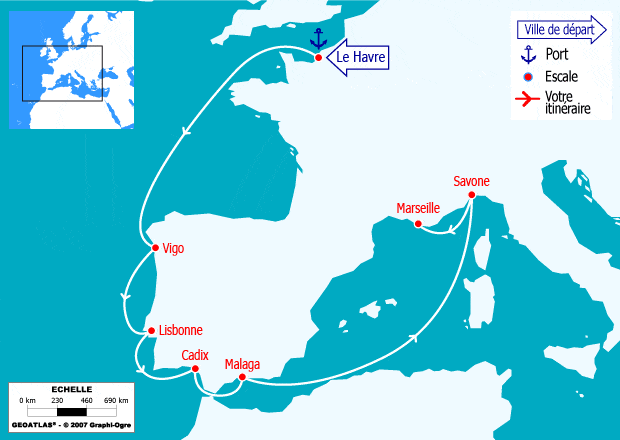 itinéraire croisière Méditerranée : Route vers le Sud: France, Espagne, Portugal, Gibraltar, Italie