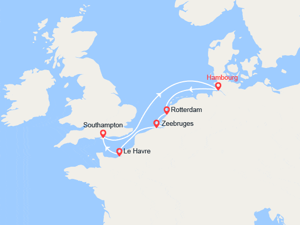 itin&eacute;raire croisi&egrave;re Europe du Nord : Royaume-Uni, Allemagne, Pays Bas, Belgique, France 