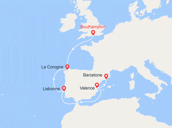 itinéraire croisière Méditerranée : Royaume-Uni, Espagne, Portugal