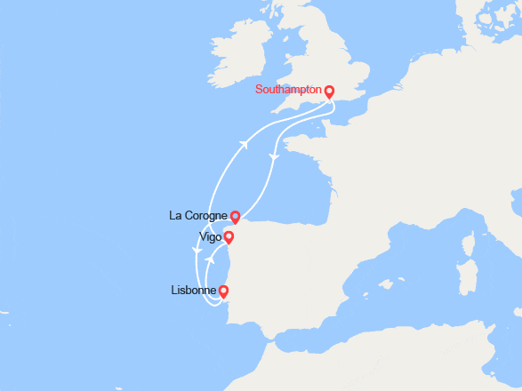 itin&eacute;raire croisi&egrave;re Méditerranée Occidentale : Royaume-Uni, Espagne, Portugal 