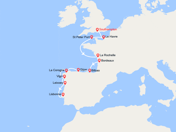 itin&eacute;raire croisi&egrave;re Europe du Nord : Royaume-Uni, France, Guernesey, Espagne, Portugal 