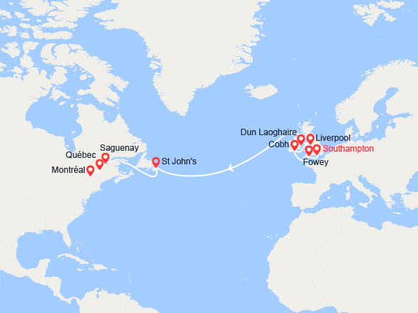 itin&eacute;raire croisi&egrave;re Transatlantique : Royaume-Uni, Irlande, Canada, Antigua-et-Barbuda 