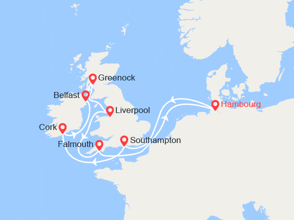 itinéraire croisière Iles Britanniques : Royaume-Uni, Irlande, Irlande du Nord, Écosse, Allemagne