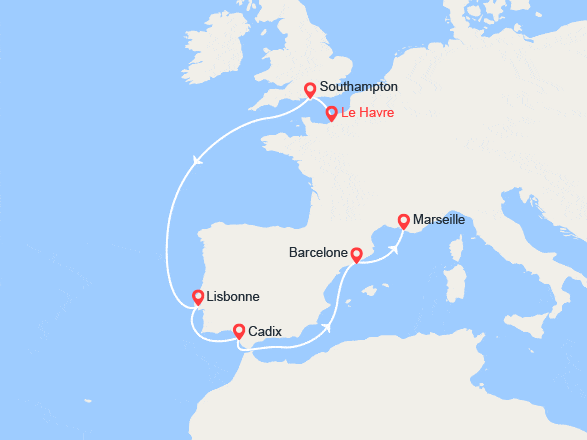 itinéraire croisière Méditerranée Occidentale : Royaume-Uni, Portugal, Espagne