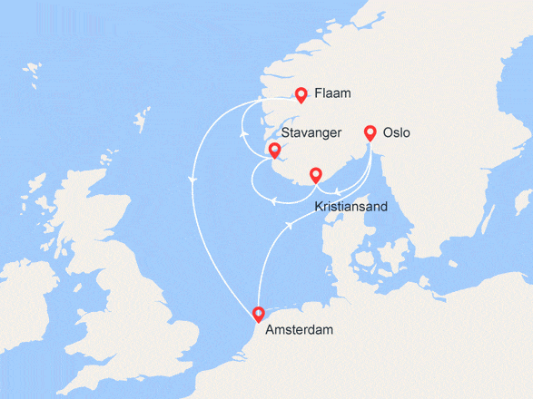 itinéraire croisière Fjords : Sagas Vikings : Oslo, Kristiansand, Stavanger, Flam