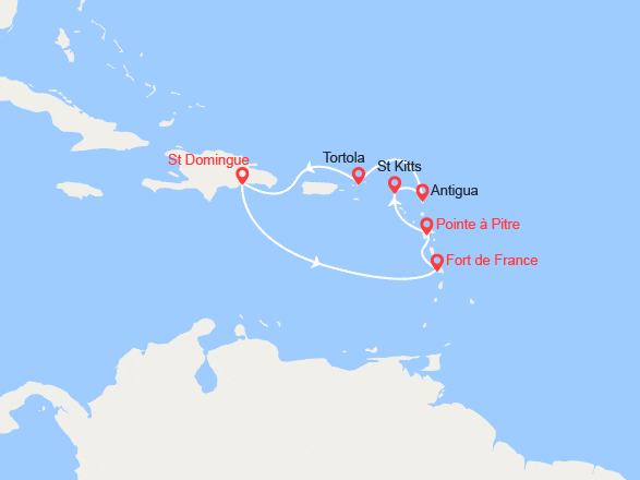 itin&eacute;raire croisi&egrave;re Caraïbes et Antilles : Saint Domingue, Martinique, Guadeloupe, St Kitts, Antigua, Tortola 