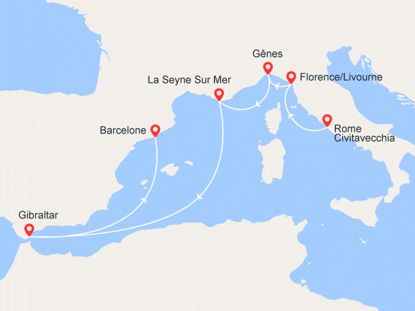 itinéraire croisière Méditerranée : SAISON INAUGURALE en Méditerranée : Italie, Côte d'Azur, Gibraltar...