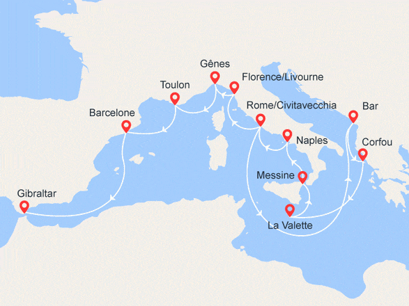 itinéraire croisière Méditerranée : SAISON INAUGURALE en Méditerranée : Monténégro, Malte, Sicile, Italie, Gibraltar...