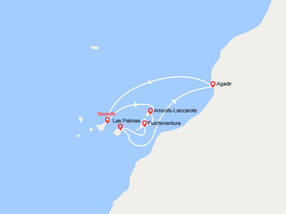 itin&eacute;raire croisi&egrave;re Méditerranée Occidentale : Santa Cruz de Tenerife, Arrecife, Fuerteventura, Las Palmas, Agadir 