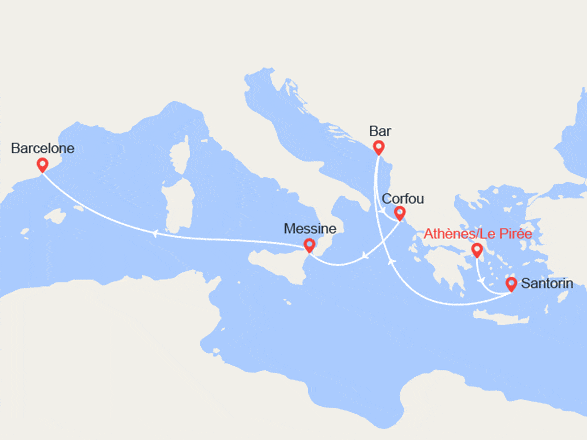 itin&eacute;raire croisi&egrave;re Méditerranée Orientale : Santorin, Corfou, Espagne, Italie 