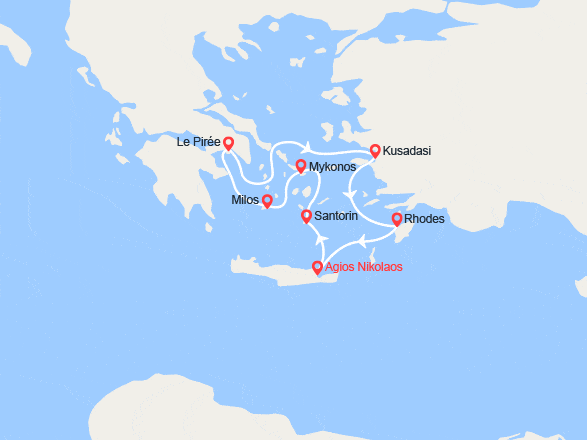 itinéraire croisière Iles grecques : Santorin, Mykonos, Milos, Athènes, Kusadasi, Rhodes, Crète