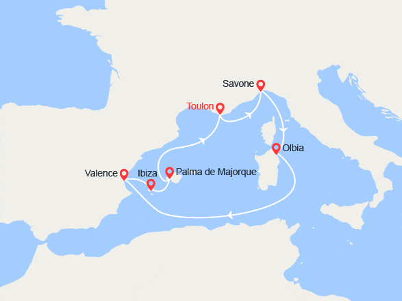 itin&eacute;raire croisi&egrave;re Méditerranée Occidentale : Sardaigne, Valence et les Baléares 