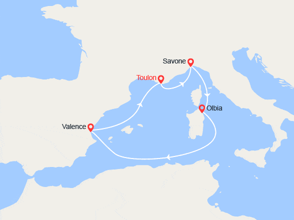 itin&eacute;raire croisi&egrave;re Méditerranée Occidentale : Sardaigne et Espagne 