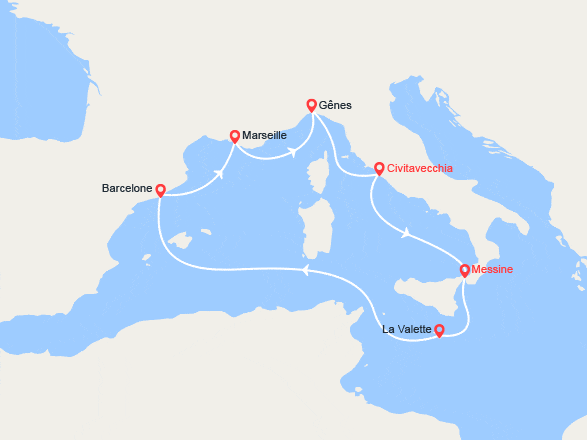 itinéraire croisière Méditerranée Occidentale : Sicile, Malte, Espagne, Italie, Provence