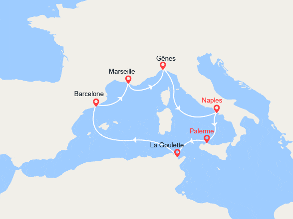 itin&eacute;raire croisi&egrave;re Méditerranée Occidentale : Sicile, Tunisie, Barcelone, Provence 