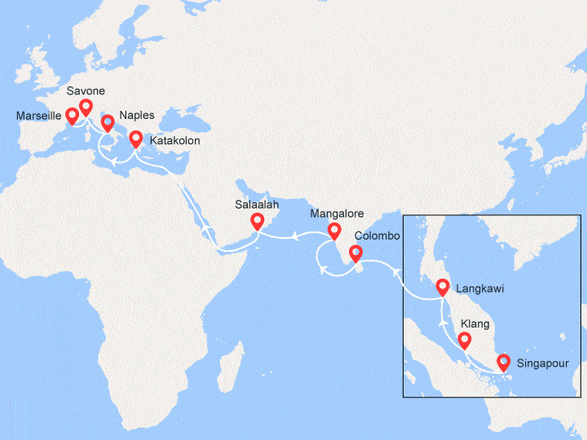 itinéraire croisière Asie : Singapour, Malaisie, Sri Lanka, Inde, Oman, Grèce, Italie, France