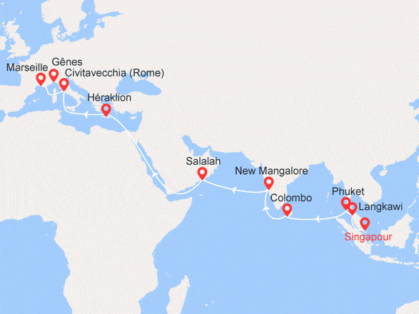 itinéraire croisière Asie : Singapour, Malaisie, Thaïlande, Sri Lanka, Inde, Oman, Grèce, Italie, France