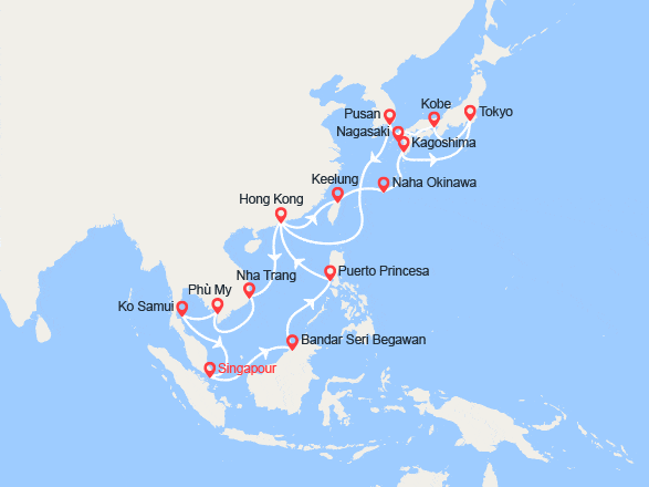 itinéraire croisière Asie : Singapour, Philippines, Chine, Taïwan, Japon, Corée du Sud, Vietnam