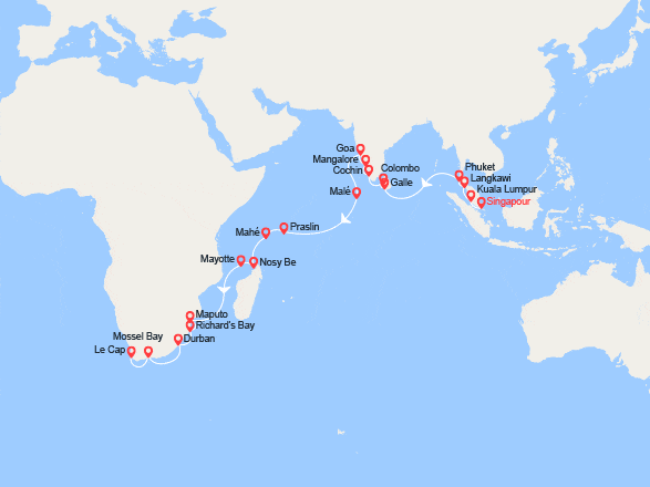 itinéraire croisière Asie : Singapour à Le Cap 