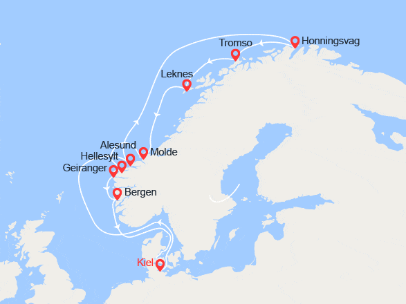 itinéraire croisière Fjords - Fjords : Soleil de Minuit : Norvège, Cap Nord et Îles Lofoten